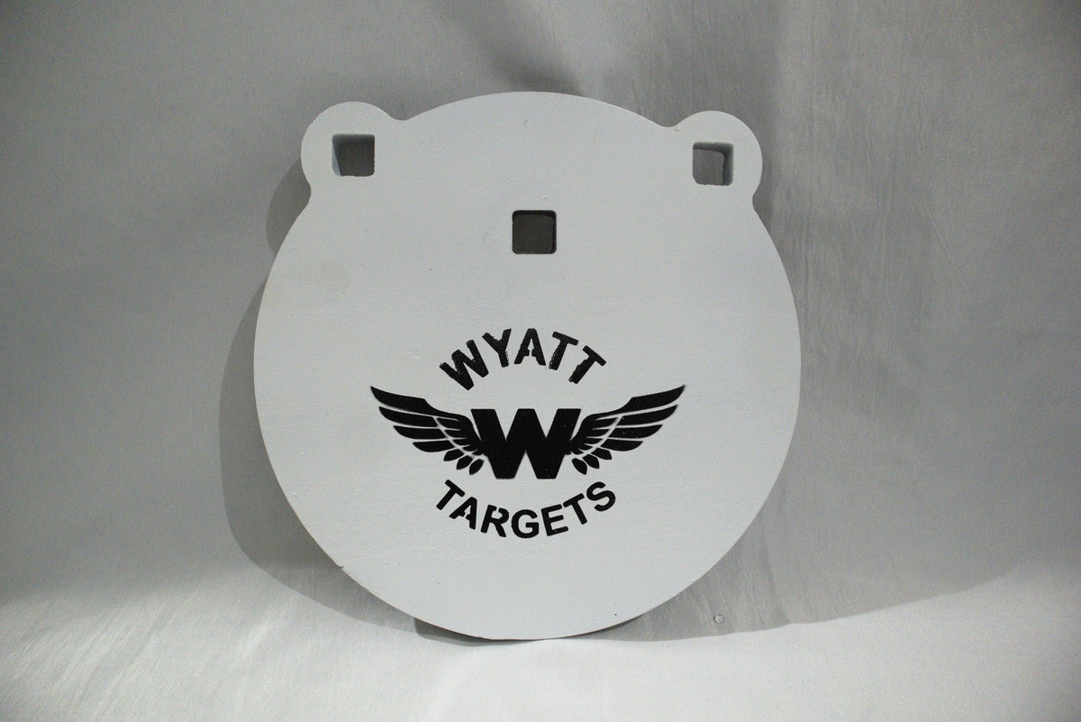 8-inch gong, 1/2-inch AR500 steel, white paint, three 9/16-inch square mounting holes, two ears, original studio view; individual included component