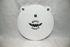 10-inch gong, 1/2-inch AR500 steel, white paint, three 9/16-inch square mounting holes, two ears, original studio view; individual included component