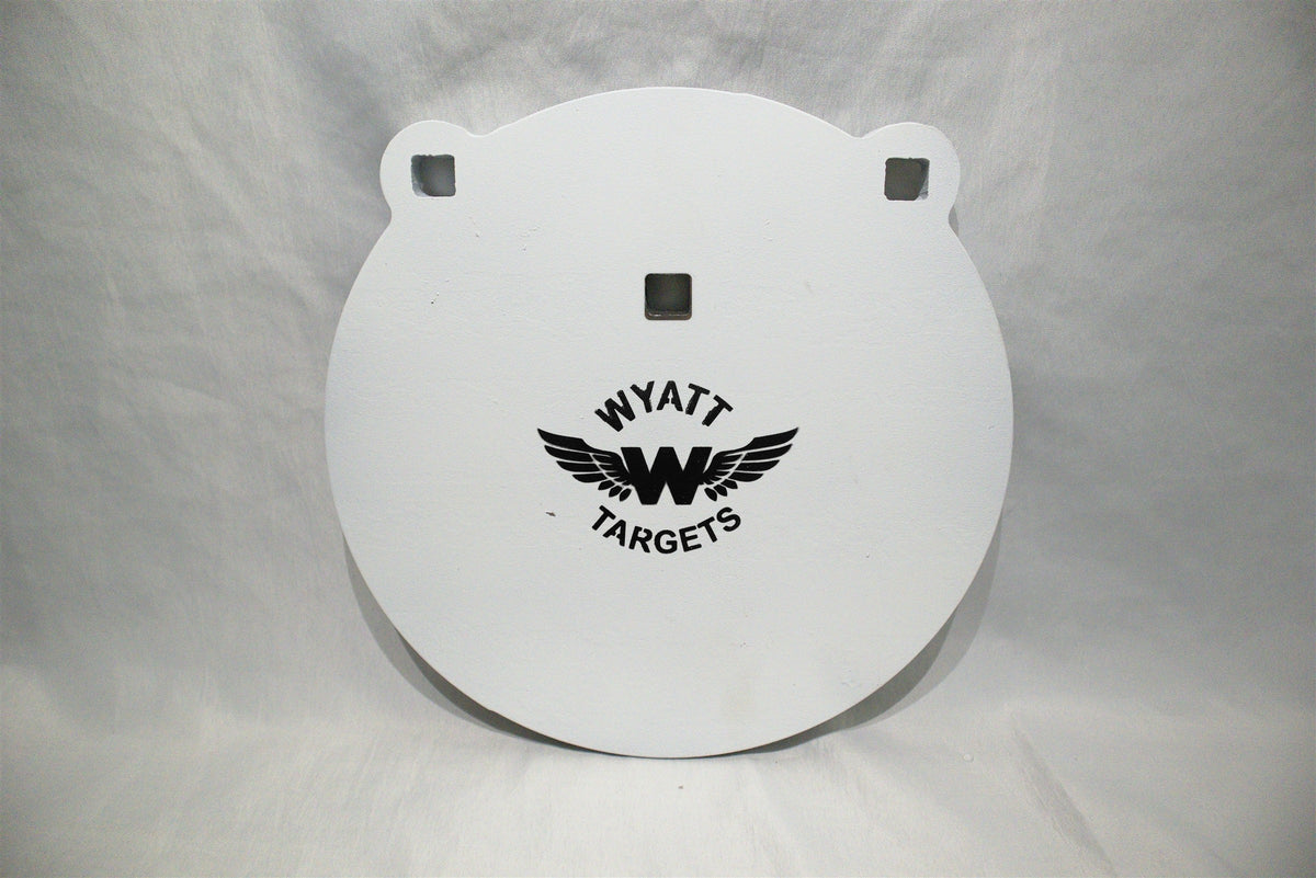 10-inch gong, 1/2-inch AR500 steel, white paint, three 9/16-inch square mounting holes, two ears, original studio view; individual included component