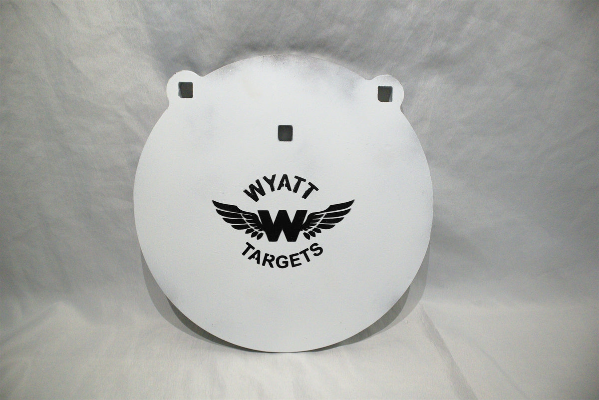 12-inch gong, 1/2-inch AR500 steel, white paint, three 9/16-inch square mounting holes, two ears, original studio view; individual included component
