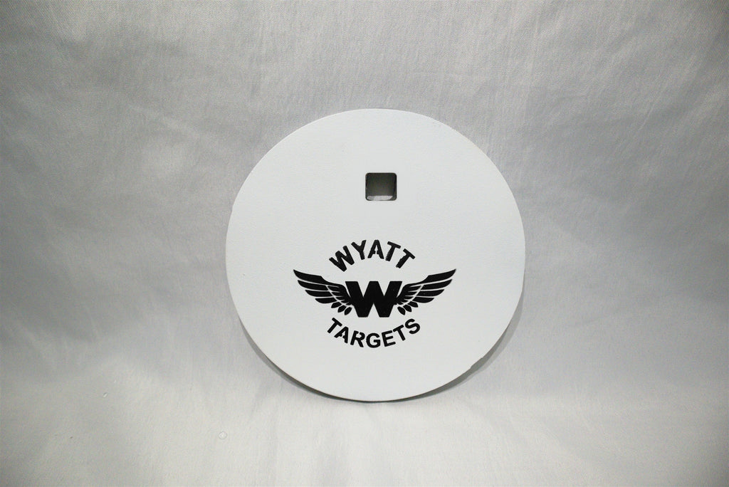 6-inch gong, 1/2-inch AR500 steel, white paint, one 9/16-inch square center hole, no ears, original studio view; individual included component