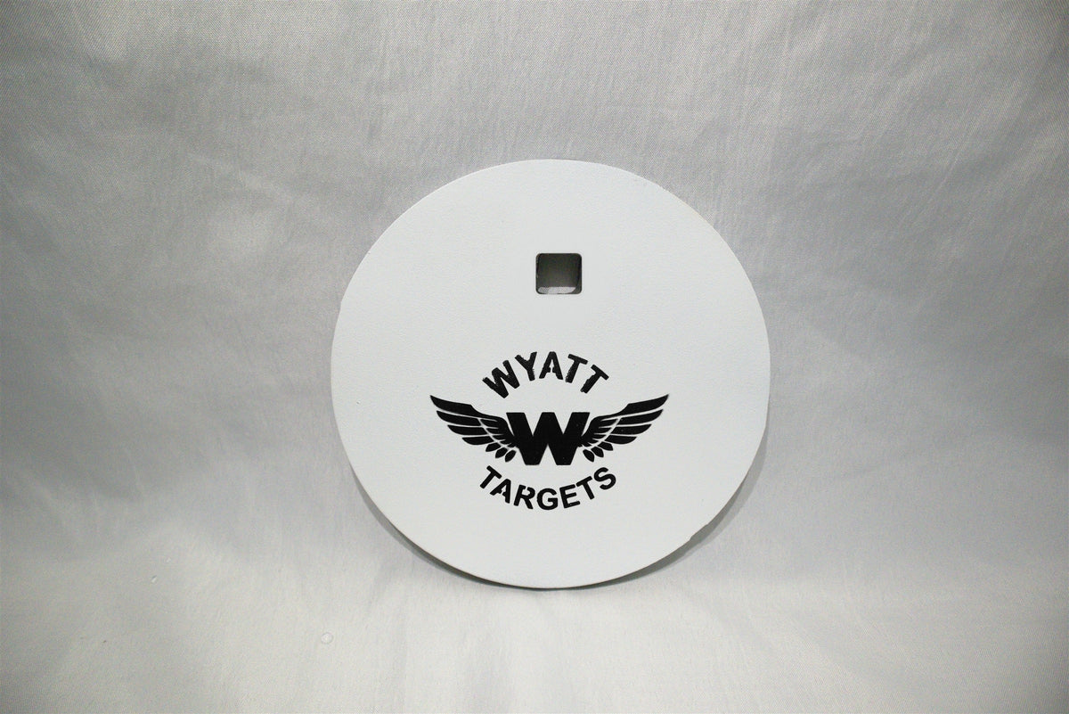 6-inch gong, 1/2-inch AR500 steel, white paint, one 9/16-inch square center hole, no ears, original studio view; individual included component