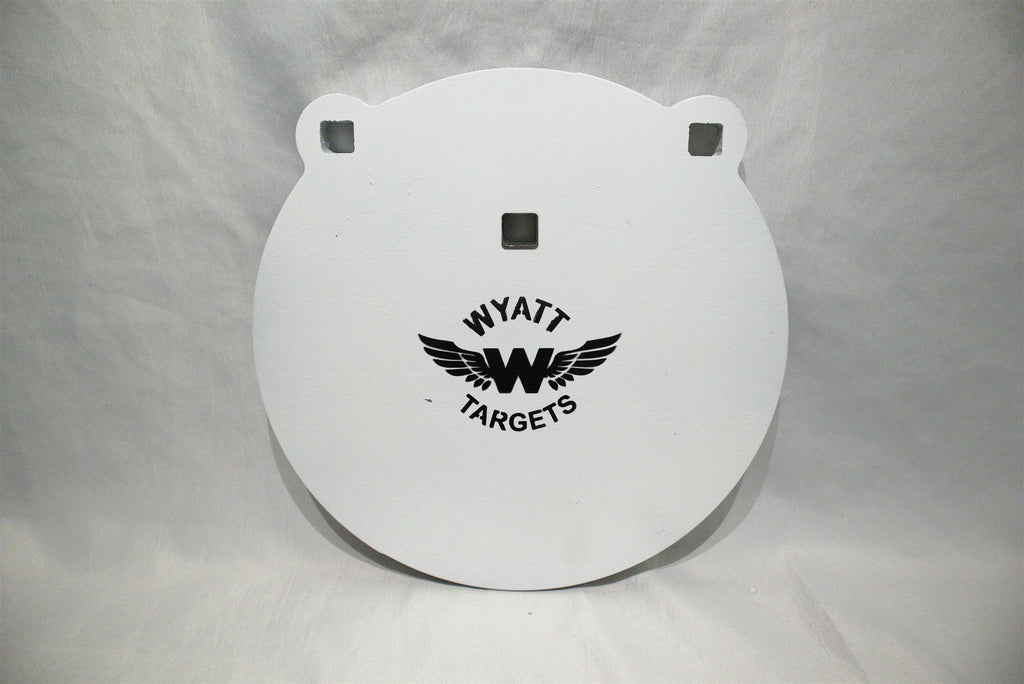 10-inch gong, 1/2-inch AR500 steel, white paint, three 9/16-inch square mounting holes, two ears, original studio view; individual included component