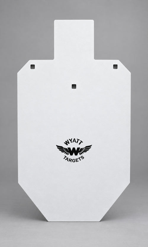 100-percent IPSC silhouette, 1/2-inch AR500 steel, white paint, three 9/16-inch square mounting holes