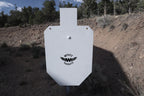 100-percent IPSC silhouette, 1/2-inch AR500 steel, white paint, three 9/16-inch square mounting holes, mounted on a T-post