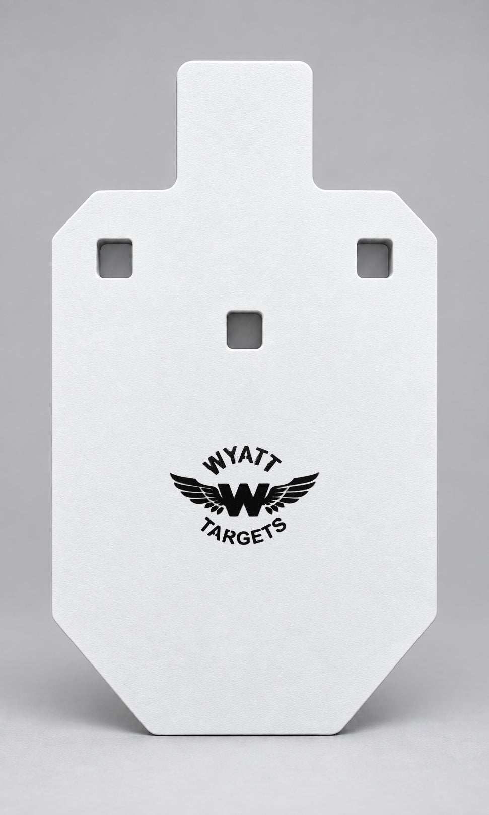 33-percent IPSC silhouette, 1/2-inch AR500 steel, white paint, three 9/16-inch square mounting holes