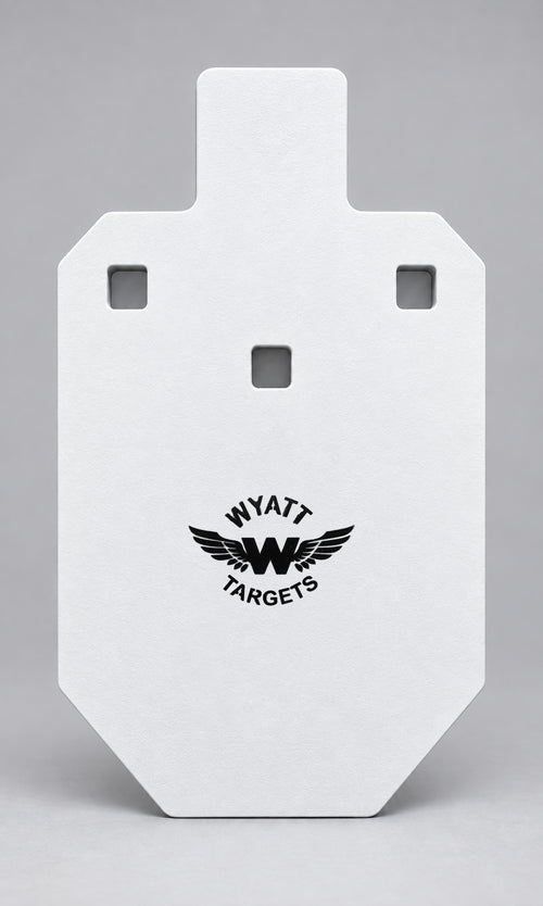 33-percent IPSC silhouette, 1/2-inch AR500 steel, white paint, three 9/16-inch square mounting holes