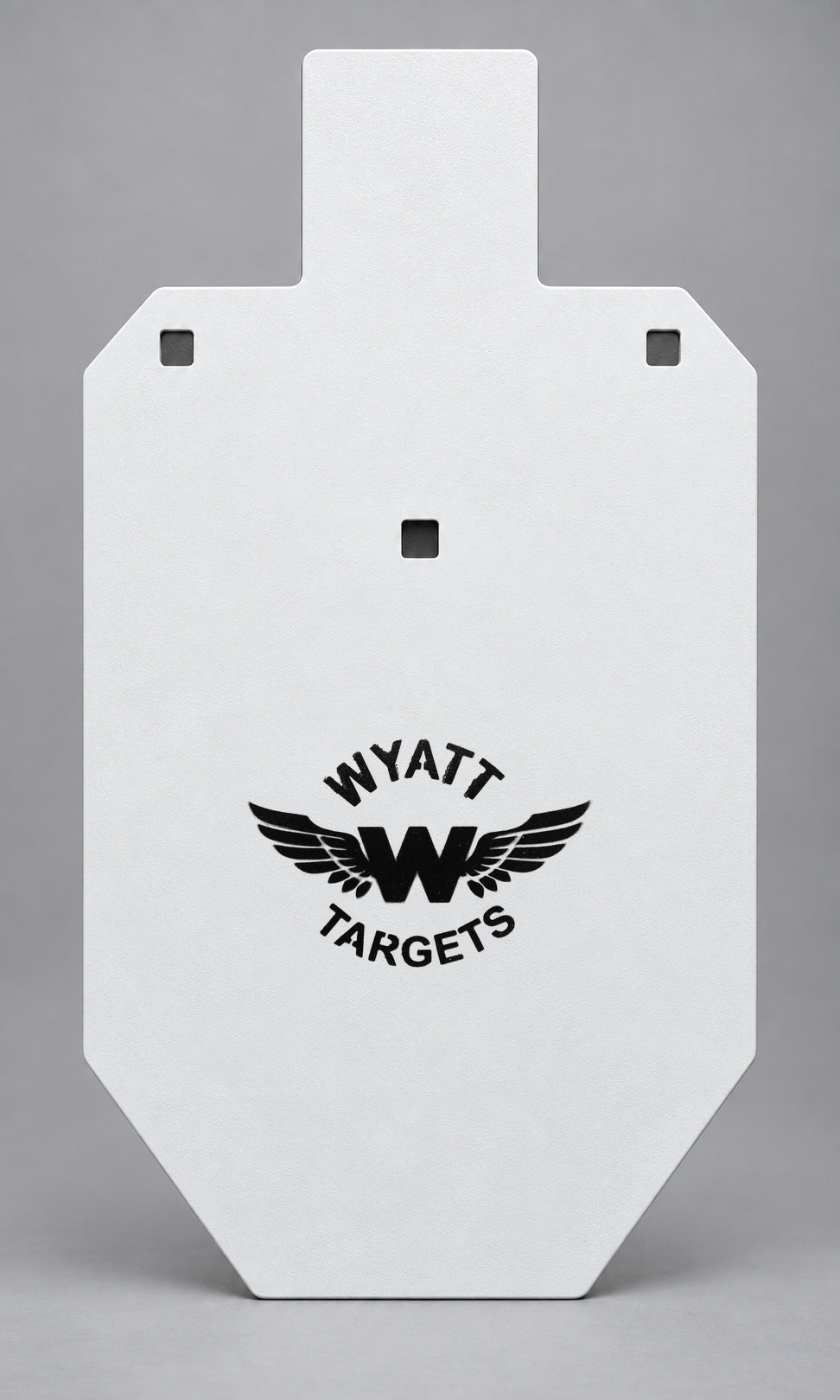 66-percent IPSC silhouette, 1/2-inch AR500 steel, white paint, three 9/16-inch square mounting holes