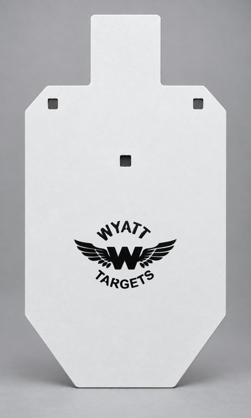 66-percent IPSC silhouette, 1/2-inch AR500 steel, white paint, three 9/16-inch square mounting holes