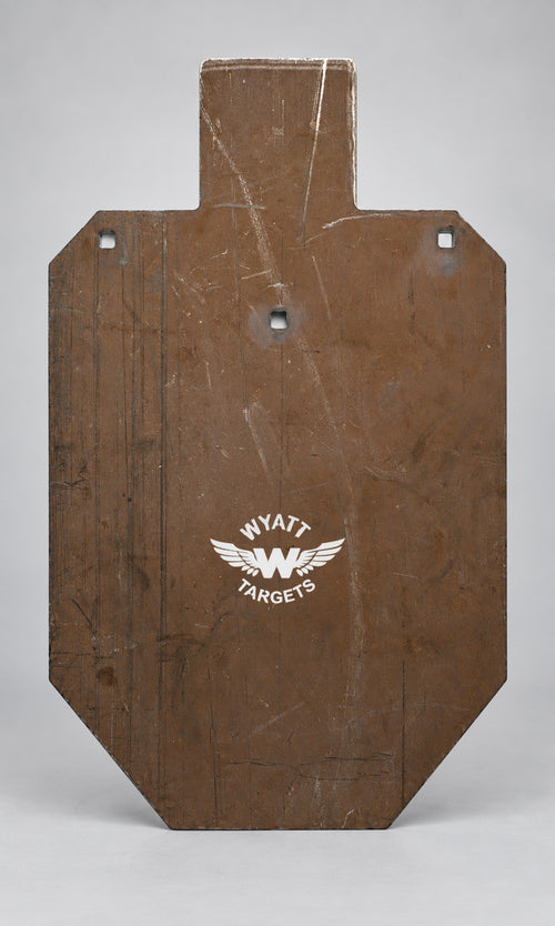 100-percent IPSC silhouette, 1/2-inch AR500 steel, surface rust, three 9/16-inch square mounting holes
