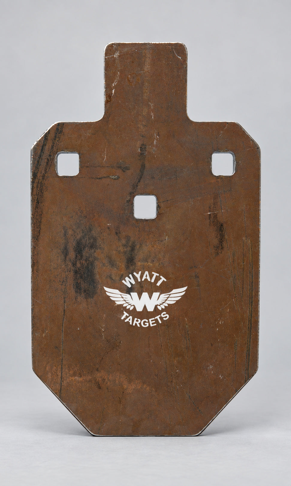 33-percent IPSC silhouette, 1/2-inch AR500 steel, surface rust, three 9/16-inch square mounting holes