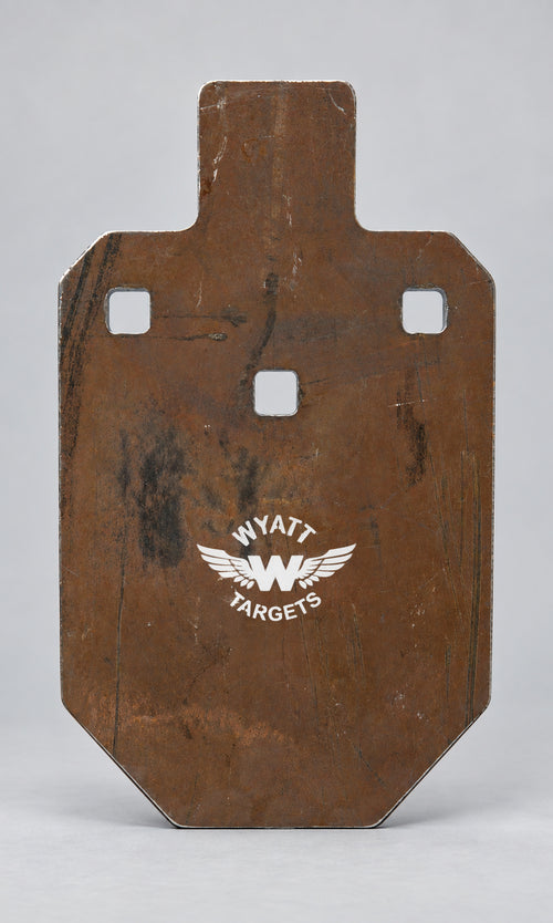 33-percent IPSC silhouette, 1/2-inch AR500 steel, surface rust, three 9/16-inch square mounting holes