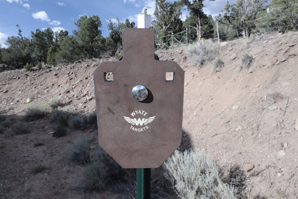 33-percent IPSC silhouette, 1/2-inch AR500 steel, surface rust, three 9/16-inch square mounting holes, mounted on a T-post