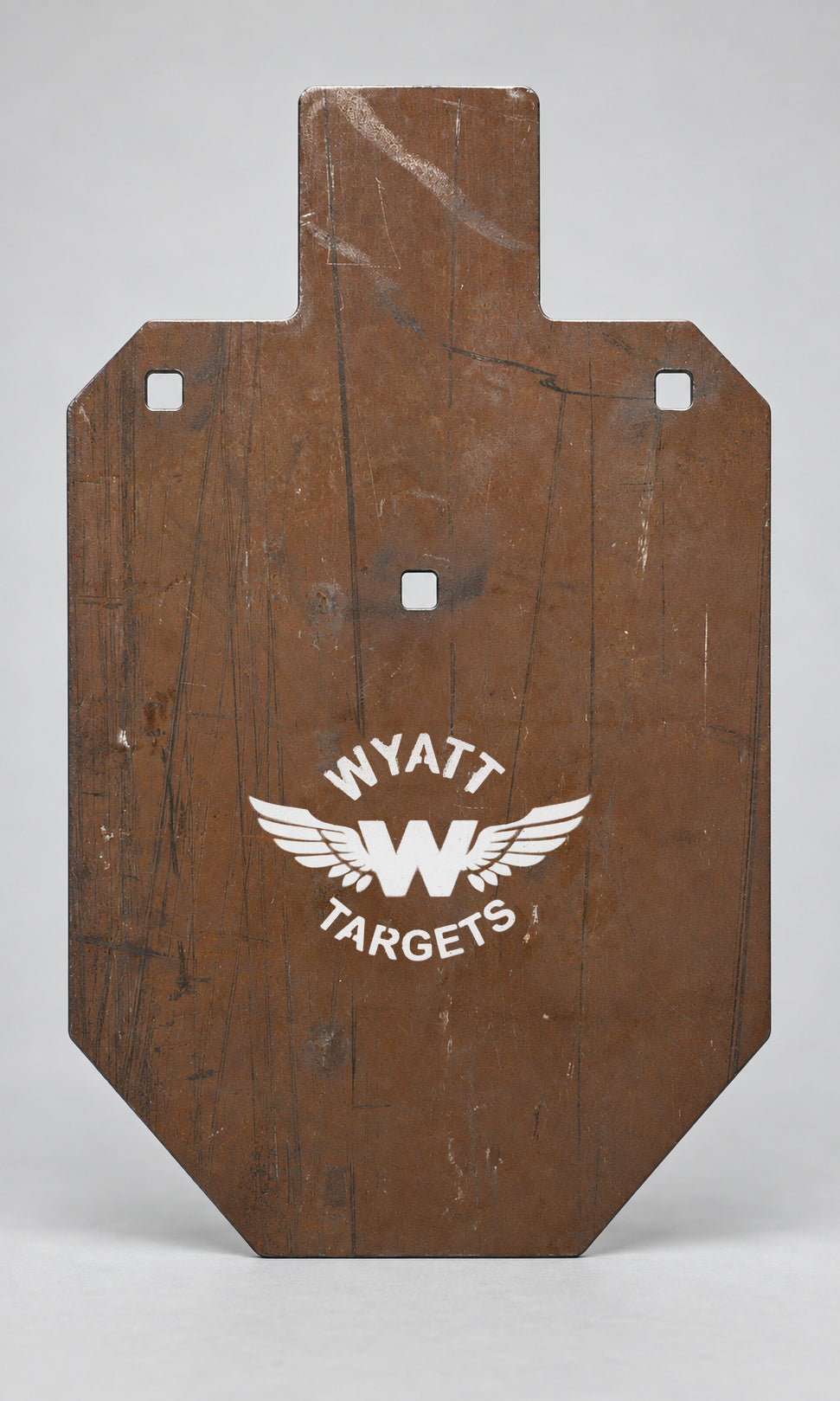 66-percent IPSC silhouette, 1/2-inch AR500 steel, surface rust, three 9/16-inch square mounting holes
