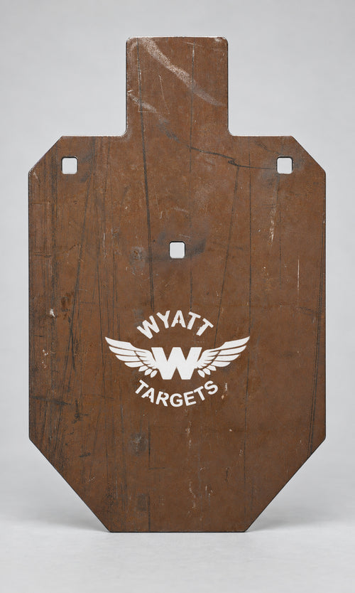 66-percent IPSC silhouette, 1/2-inch AR500 steel, surface rust, three 9/16-inch square mounting holes