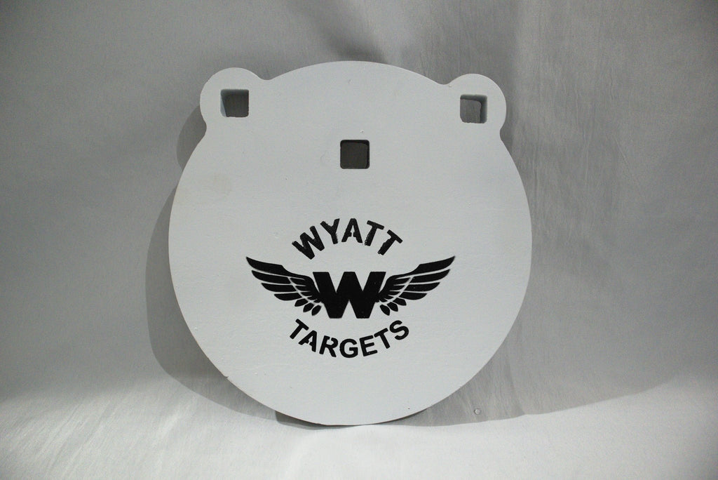 8-inch gong, 1/2-inch AR500 steel, white paint, three 9/16-inch square mounting holes, two ears, original studio view; individual included component