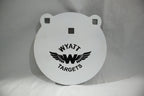 8-inch gong, 1/2-inch AR500 steel, white paint, three 9/16-inch square mounting holes, two ears, original studio view; individual included component