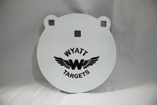 8-inch gong, 1/2-inch AR500 steel, white paint, three 9/16-inch square mounting holes, two ears, original studio view; individual included component