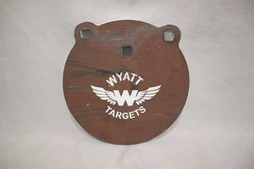8-inch gong, 1/2-inch AR500 steel, surface rust, three 9/16-inch square mounting holes, two ears, original studio view; individual included component