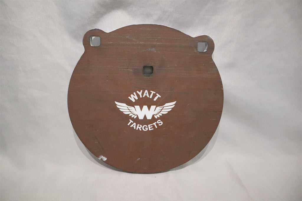 10-inch gong, 1/2-inch AR500 steel, surface rust, three 9/16-inch square mounting holes, two ears, original studio view; individual included component