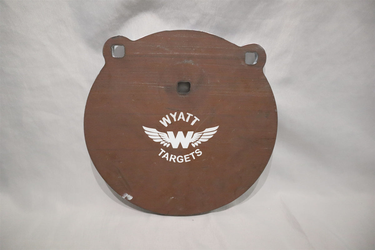 10-inch gong, 1/2-inch AR500 steel, surface rust, three 9/16-inch square mounting holes, two ears, original studio view; individual included component