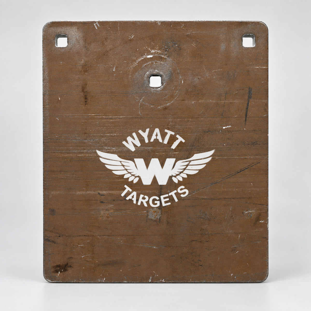 13.5 by 11.5-inch plate, 1/2-inch AR500 steel, original brown finish, three 9/16-inch square mounting holes