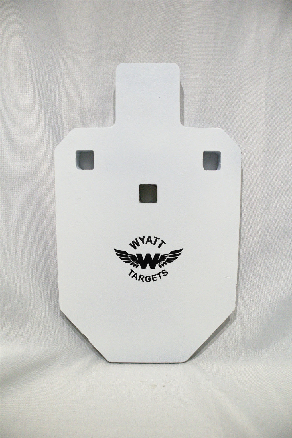 33-percent IPSC silhouette, 1/2-inch AR500 steel, white paint, three 9/16-inch square mounting holes, original studio view; individual included component