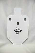 33-percent IPSC silhouette, 1/2-inch AR500 steel, white paint, three 9/16-inch square mounting holes, original studio view; individual included component