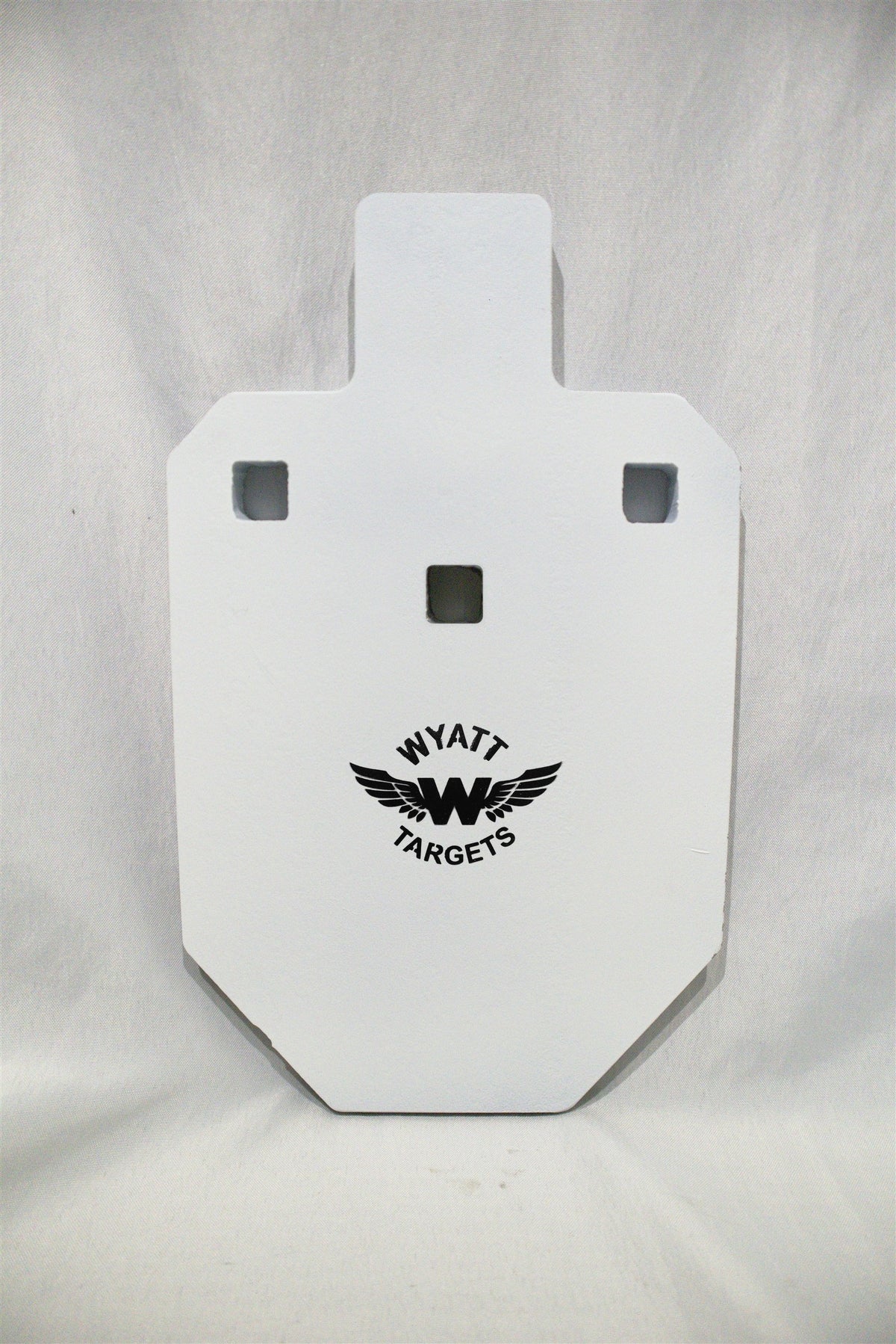 33-percent IPSC silhouette, 1/2-inch AR500 steel, white paint, three 9/16-inch square mounting holes, original studio view; individual included component