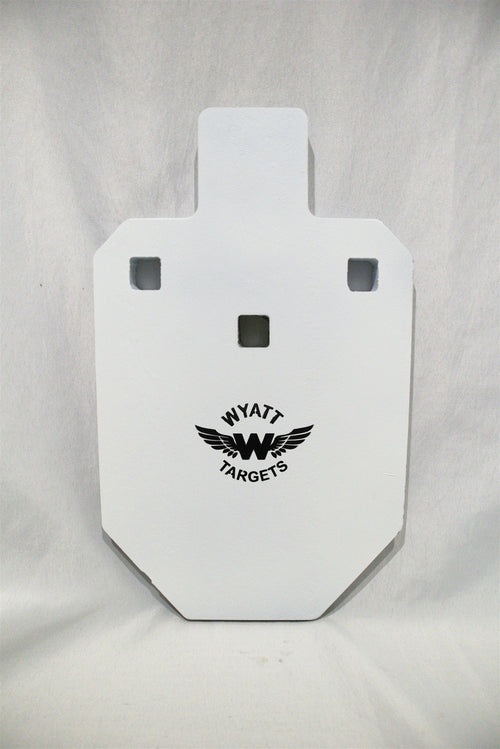 33-percent IPSC silhouette, 1/2-inch AR500 steel, white paint, three 9/16-inch square mounting holes, original studio view; individual included component