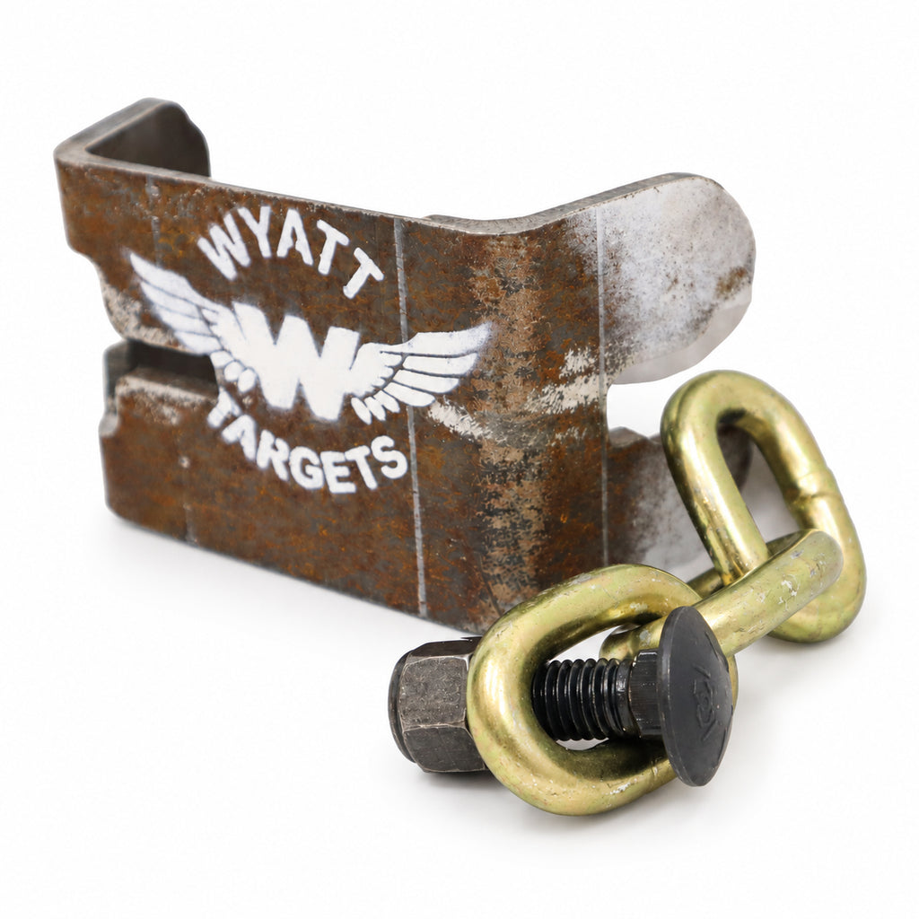 Wyatt T-post target hanger, 1/2-inch AR500 steel, with the included Grade 70 chain and black Grade 8 carriage bolt, bolt head facing out