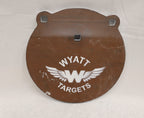 Real photo: 10″ 1/2″ AR500 steel gong, unpainted surface-rust finish with a white Wyatt Targets logo
