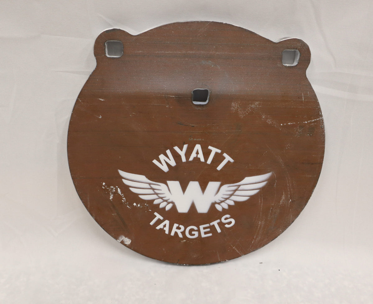 Real photo: 10″ 1/2″ AR500 steel gong, unpainted surface-rust finish with a white Wyatt Targets logo