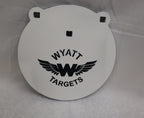 Real photo: 10″ 1/2″ AR500 steel gong, white paint with the Wyatt Targets logo