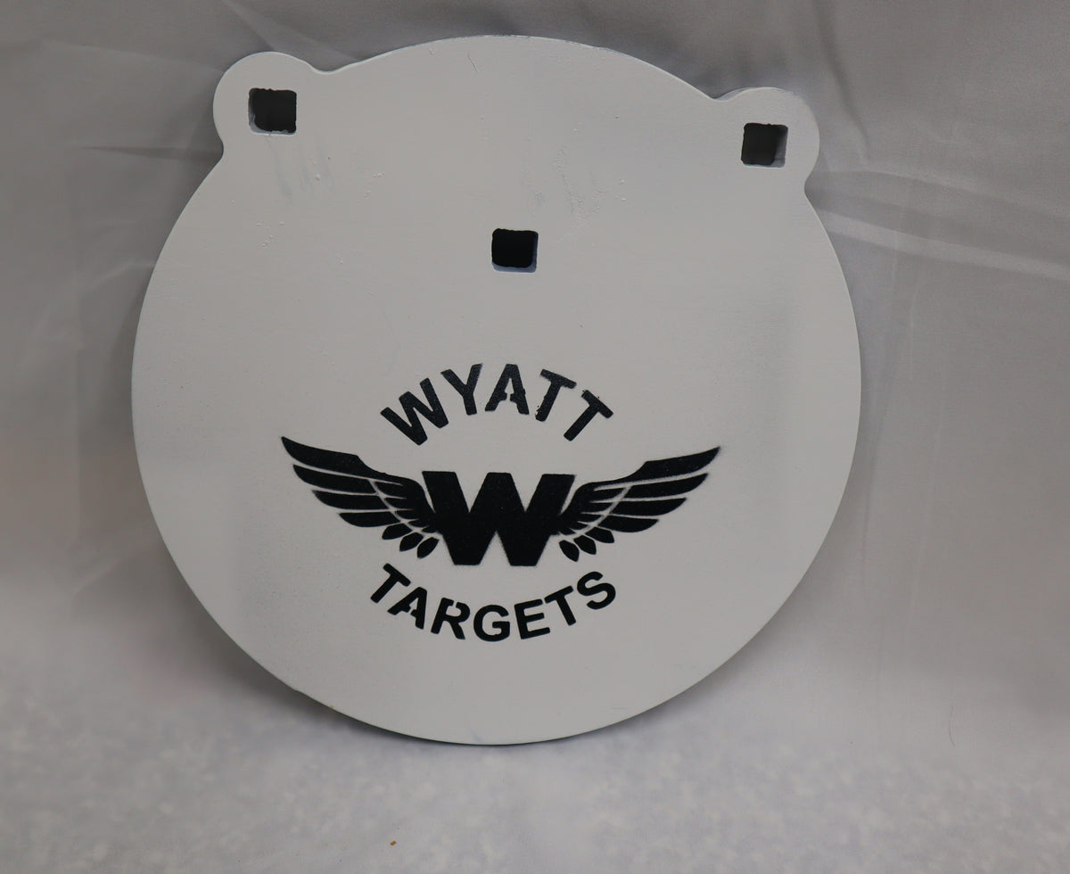 Real photo: 10″ 1/2″ AR500 steel gong, white paint with the Wyatt Targets logo