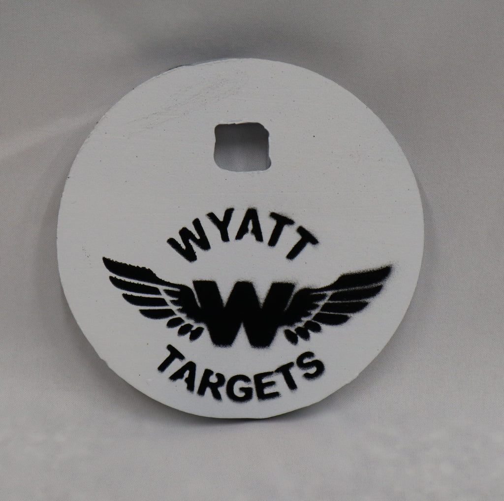 Real photo: 4″ 1/2″ AR500 steel gong, white paint with the Wyatt Targets logo