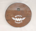 Real photo: 6″ 1/2″ AR500 steel gong, unpainted surface-rust finish with a white Wyatt Targets logo