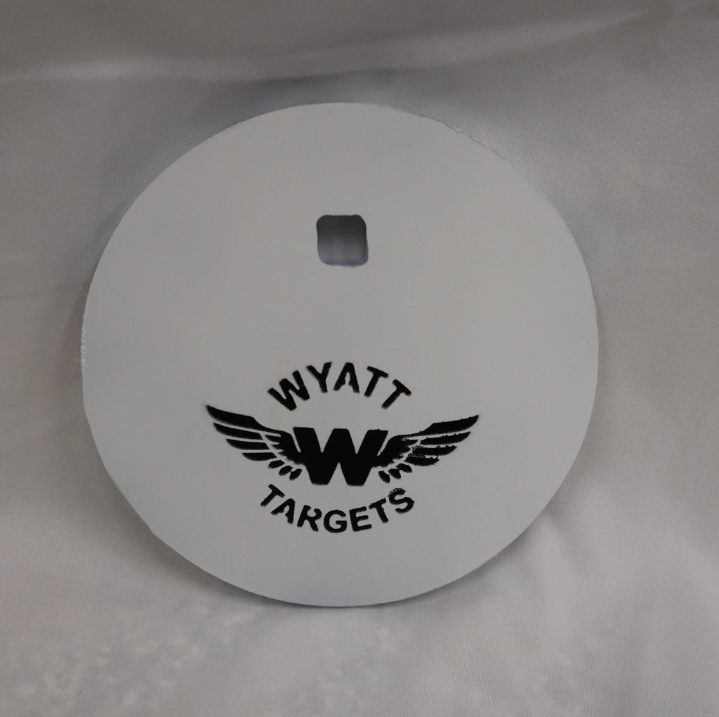 Real photo: 6″ 1/2″ AR500 steel gong, white paint with the Wyatt Targets logo
