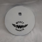 Real photo: 6″ 1/2″ AR500 steel gong, white paint with the Wyatt Targets logo
