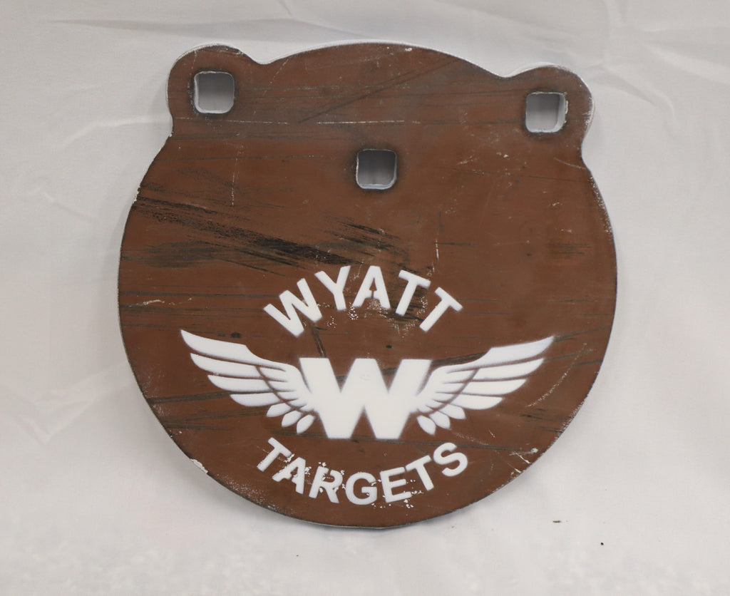 Real photo: 8″ 1/2″ AR500 steel gong, unpainted surface-rust finish with a white Wyatt Targets logo