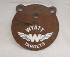 Real photo: 8″ 1/2″ AR500 steel gong, unpainted surface-rust finish with a white Wyatt Targets logo