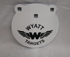 Real photo: 8″ 1/2″ AR500 steel gong, white paint with the Wyatt Targets logo