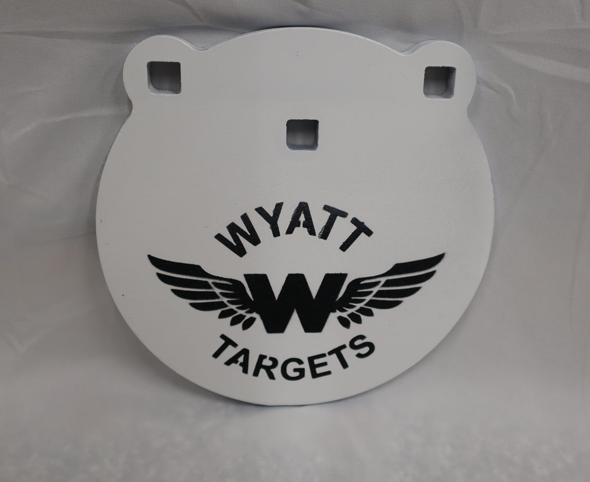 Real photo: 8″ 1/2″ AR500 steel gong, white paint with the Wyatt Targets logo