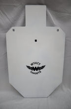 Real photo: full-size IPSC 1/2″ AR500 steel silhouette, white paint with the Wyatt Targets logo