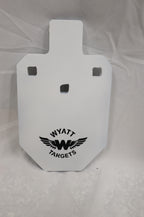 Real photo: IPSC 33% 1/2″ AR500 steel silhouette, white paint with the Wyatt Targets logo