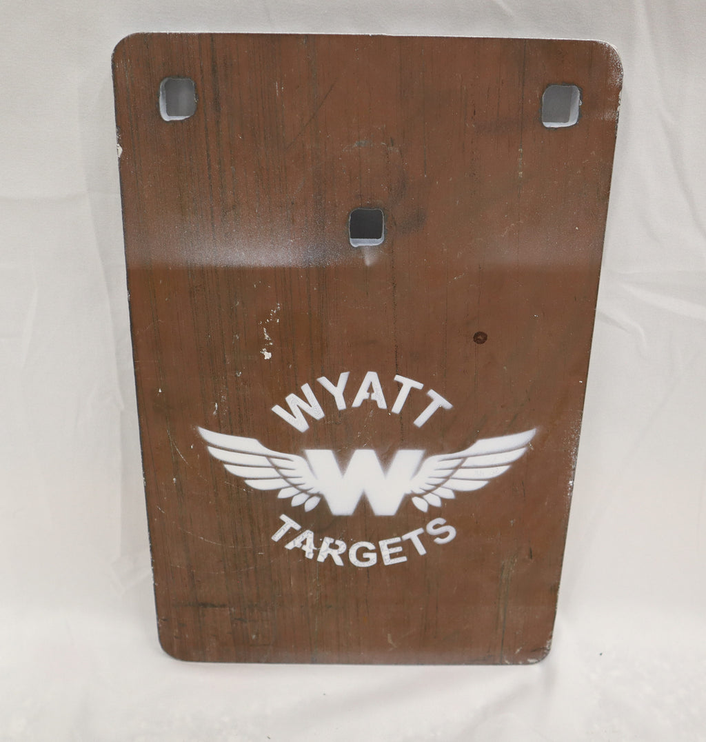 Real photo: 8×12″ 1/2″ AR500 steel plate, unpainted surface-rust finish with a white Wyatt Targets logo