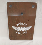 Real photo: 8×12″ 1/2″ AR500 steel plate, unpainted surface-rust finish with a white Wyatt Targets logo