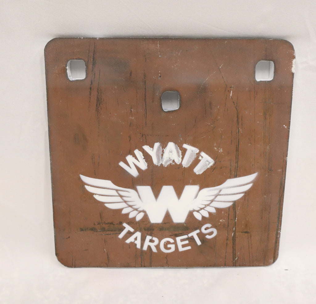 Real photo: 8×8″ 1/2″ AR500 steel square plate, unpainted surface-rust finish with a white Wyatt Targets logo