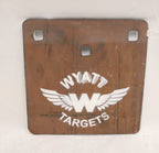 Real photo: 8×8″ 1/2″ AR500 steel square plate, unpainted surface-rust finish with a white Wyatt Targets logo