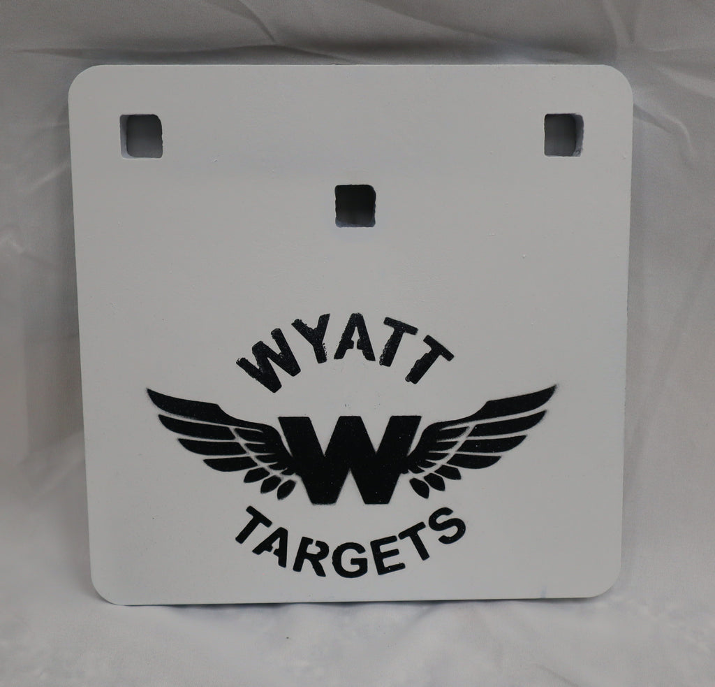 Real photo: 8×8″ 1/2″ AR500 steel square plate, white paint with the Wyatt Targets logo